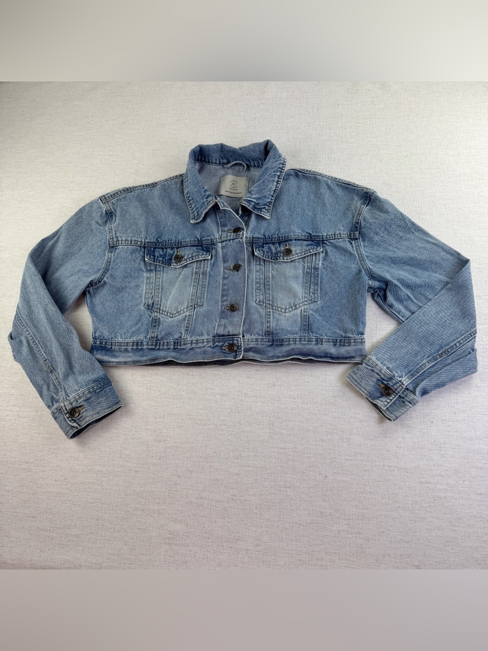 91 Cotton On women's Cropped Denim jeans Jacket long sleeve size 10 light wash